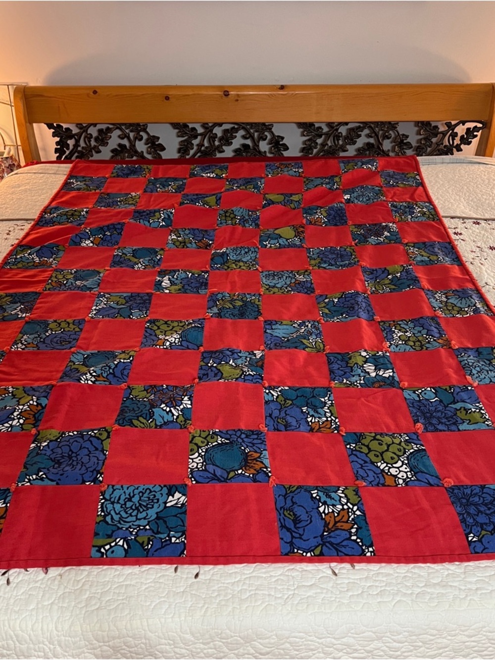 Handmade Churn Dash Patchwork Quilt Rustic‎ Farmhouse Green Red Tan 72" x 51"